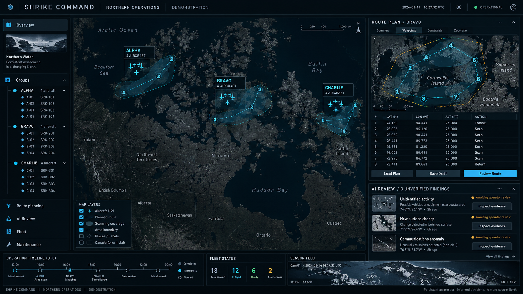 Shrike Command concept: grouped aircraft over northern Canada, route planning and AI review