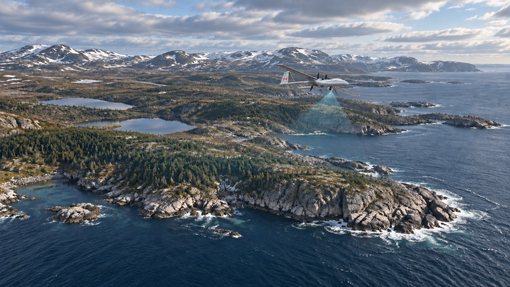Conceptual aerial survey over a northern Canadian coastline