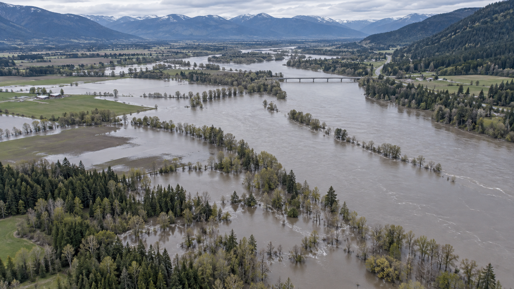 Illustrative aerial assessment of high water in a rural valley